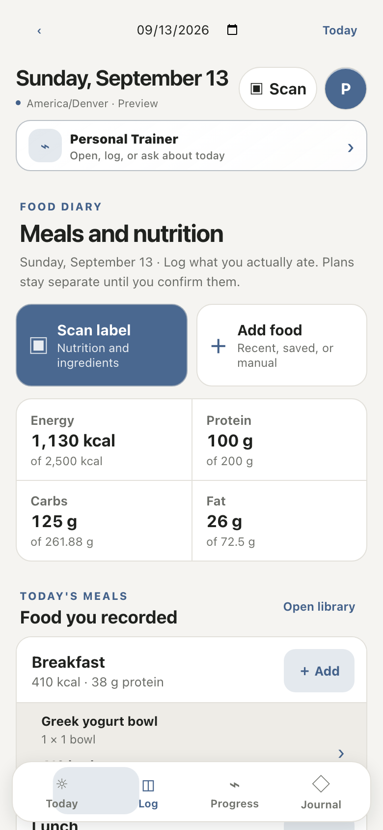 Personal Trainer responsive web preview: Log provides food entry, saved meals, and label review