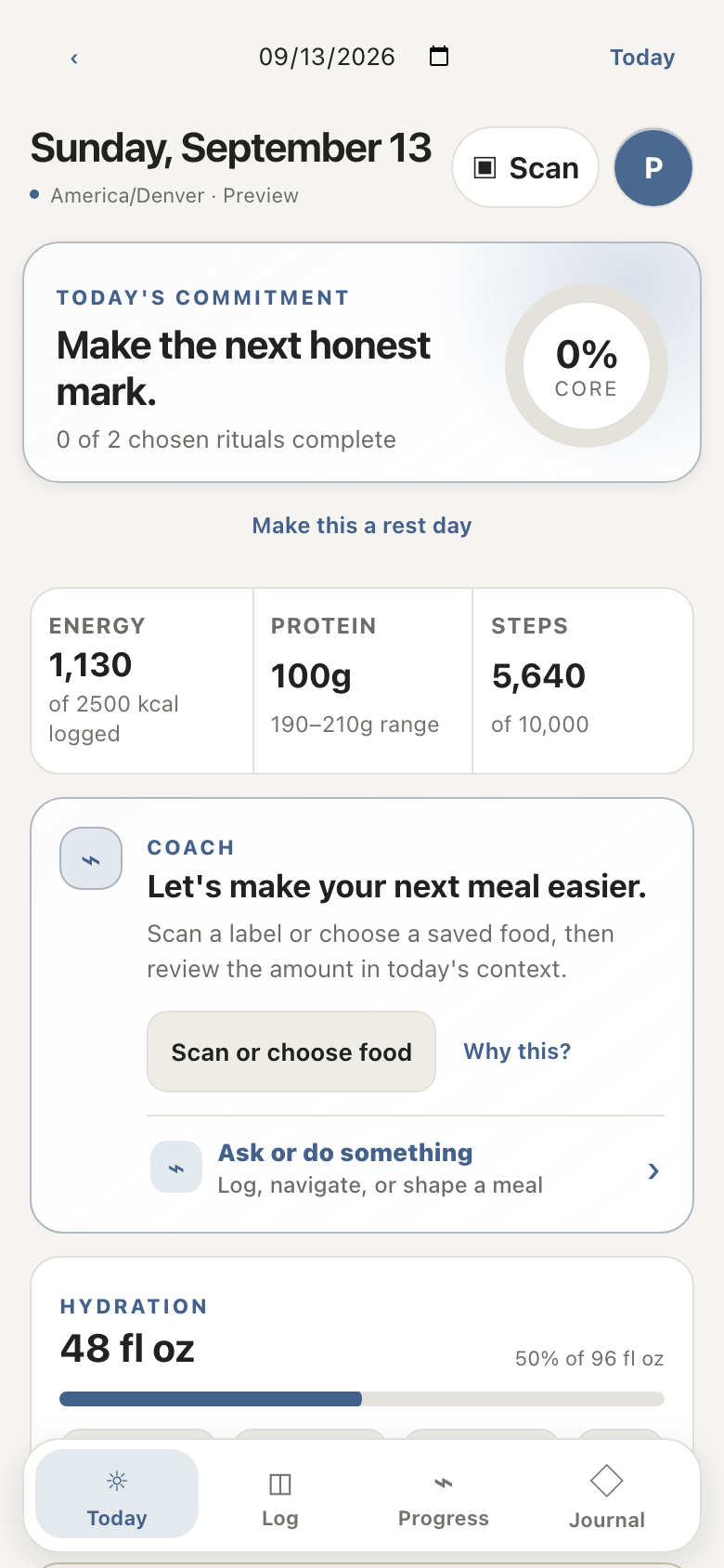Personal Trainer responsive web preview: Today brings nutrition, movement, coaching, and hydration into one daily view
