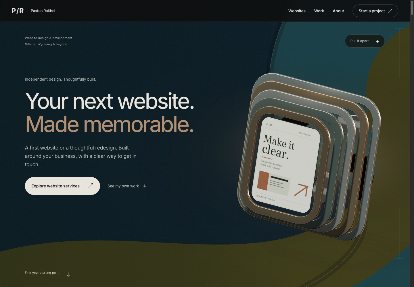 The Paxton Raithel portfolio: warm copper typography and a layered metal sculpture beside a clear website offer.